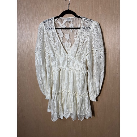 Hemant Nandita $450 Mini Dress White Lace Floral Balloon Sleeve Boho Cottagecore - Picture 1 of 6